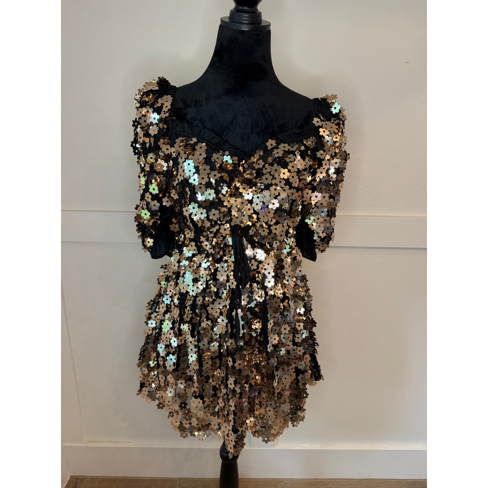 BuddyLove Gold Sequin Flower Mini Dress Black Puff Sleeve Party NWT Size Medium - Picture 2 of 7